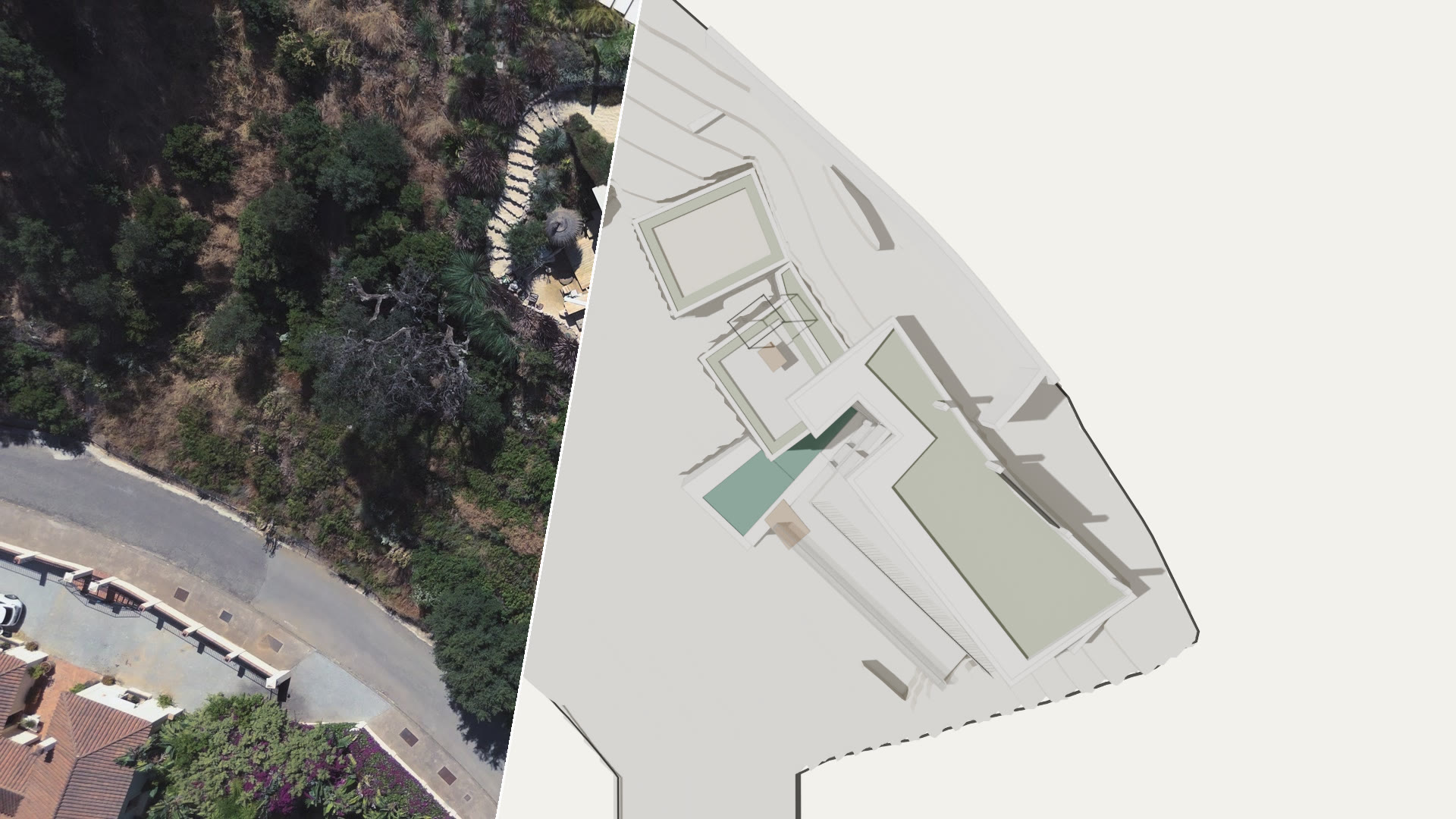 Casa Jaguar von oben: auf der einen Seite einer Linie das weiße Architekturmodell, auf der anderen das echte Haus