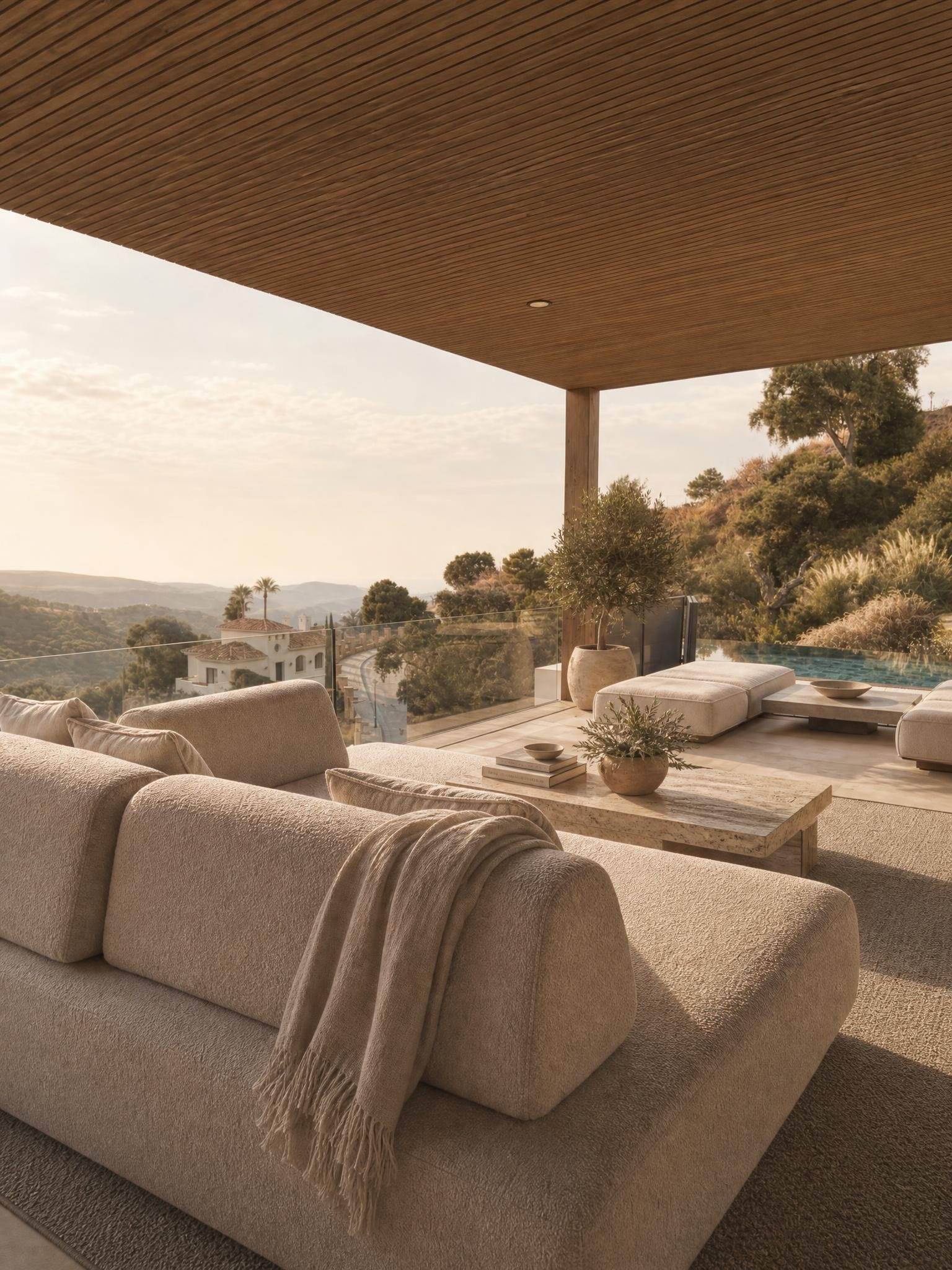 Under the pergola — the outdoor lounge at golden hour