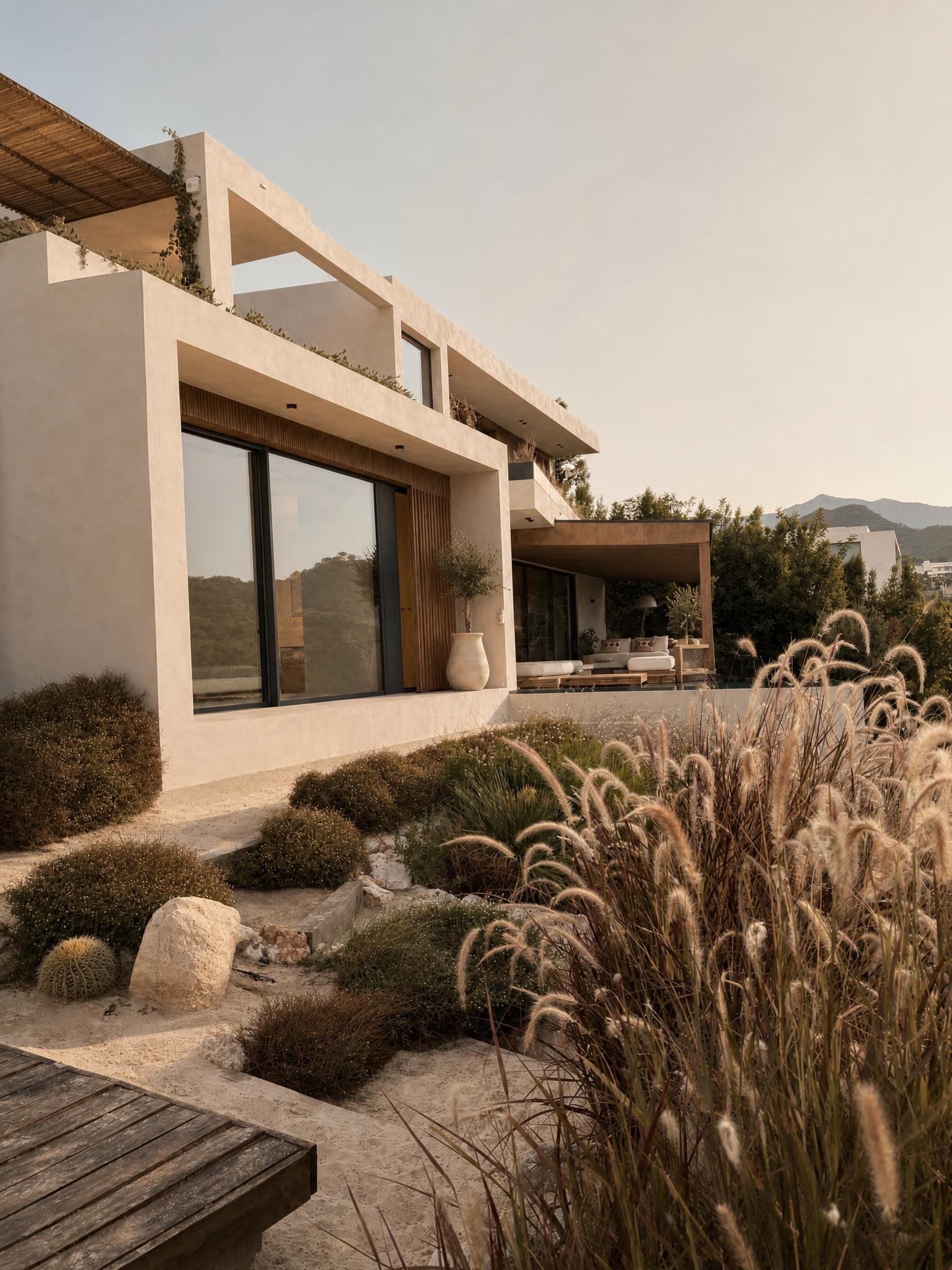The facade with grown pampas, cactus and stone path