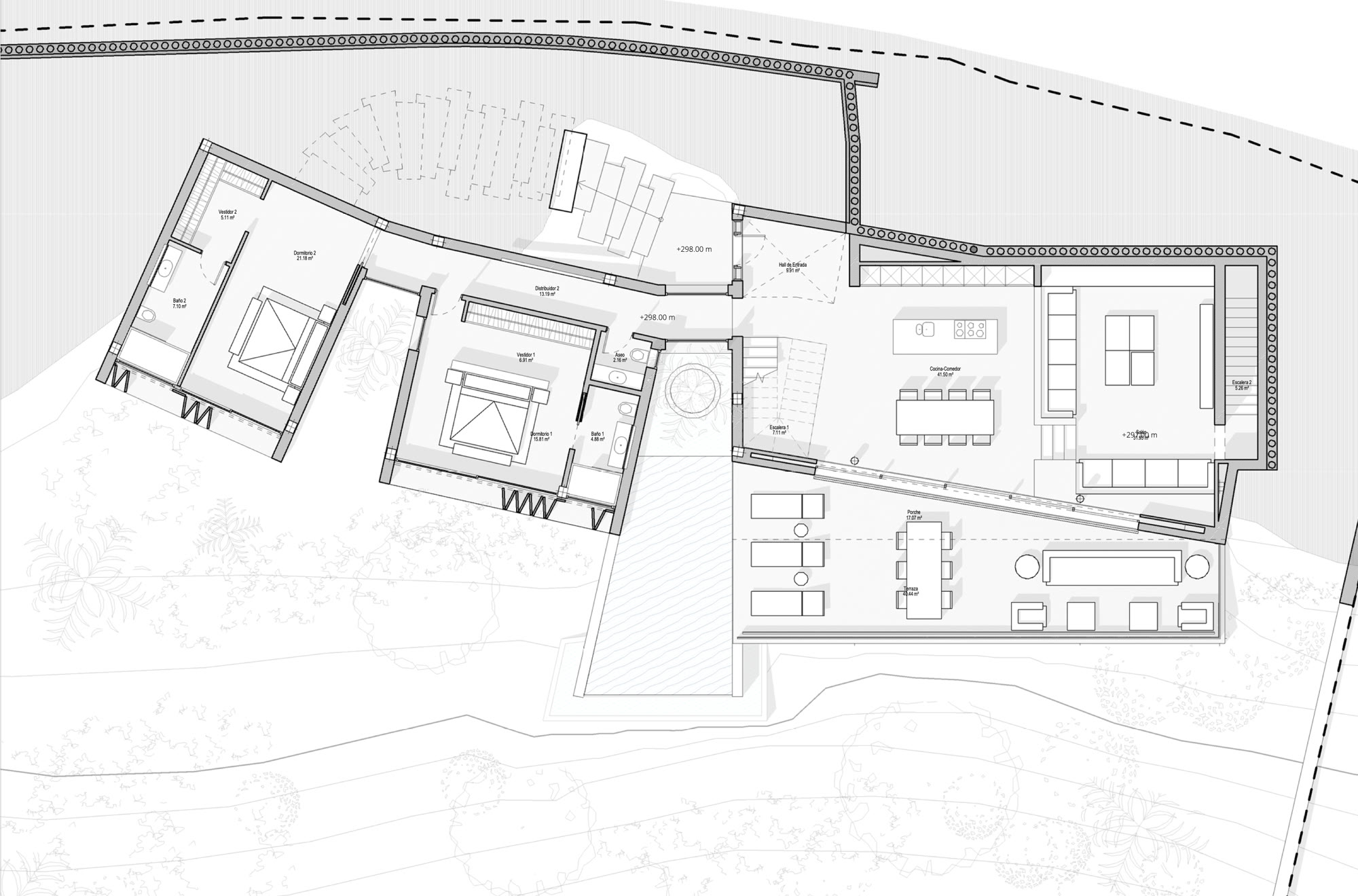 Ground floor plan: entrance hall, open kitchen, dining and living, two guest suites, terraces and pool deck