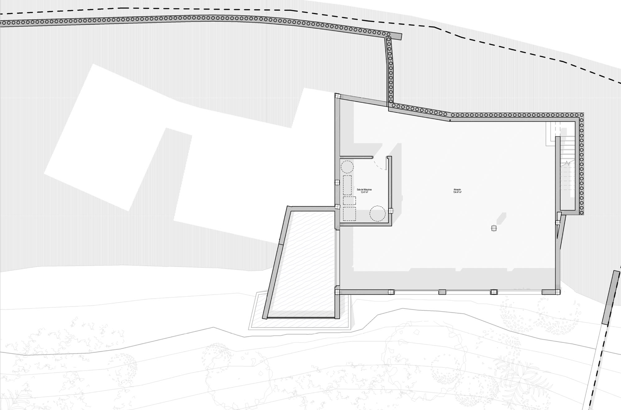 Lower floor plan: the spa and gym level with plant room and storage