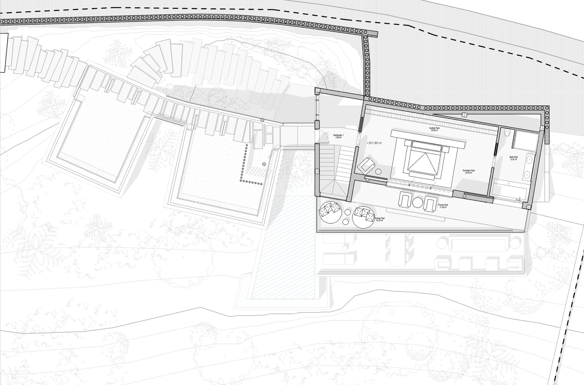 Upper floor plan: the 90 m² main suite with dressing, bath and private terrace